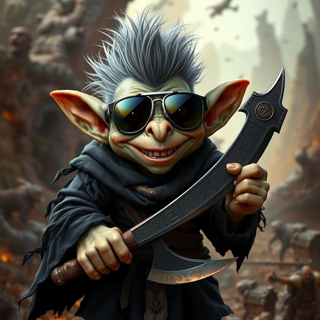 A mischievous goblin standing at three feet tall with a striking gray mohawk, sporting aviator sunglasses that reflect his wild surroundings