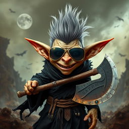 A mischievous goblin standing at three feet tall with a striking gray mohawk, sporting aviator sunglasses that reflect his wild surroundings