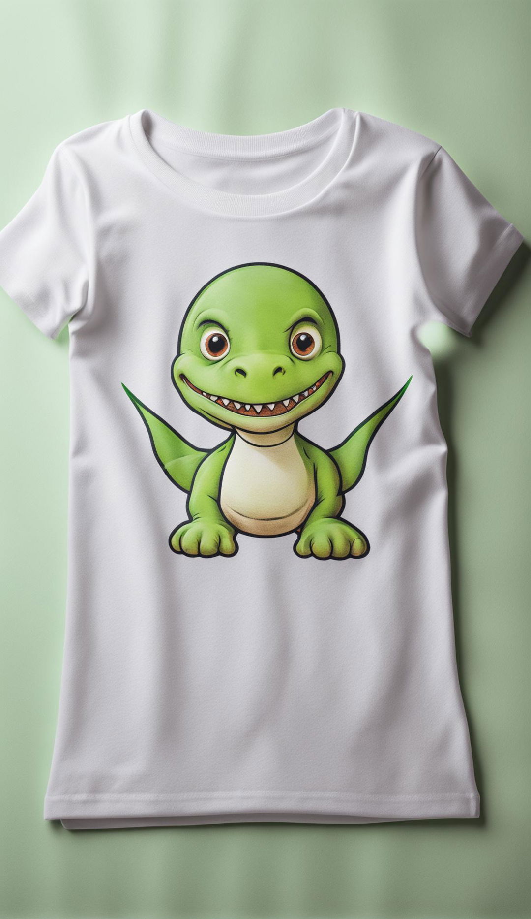 A white t-shirt with a smaller, minimalist vibrant green dinosaur logo on a clean background in an editorial product shot.