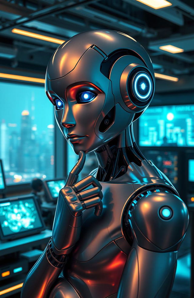 A futuristic scene depicting artificial intelligence as a beautiful humanoid robot, with striking blue LED eyes and sleek silver skin, standing in a high-tech laboratory filled with glowing screens and advanced machinery