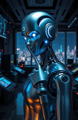 A futuristic scene depicting artificial intelligence as a beautiful humanoid robot, with striking blue LED eyes and sleek silver skin, standing in a high-tech laboratory filled with glowing screens and advanced machinery