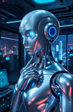 A futuristic scene depicting artificial intelligence as a beautiful humanoid robot, with striking blue LED eyes and sleek silver skin, standing in a high-tech laboratory filled with glowing screens and advanced machinery