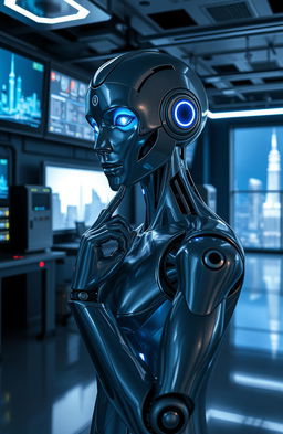 A futuristic scene depicting artificial intelligence as a beautiful humanoid robot, with striking blue LED eyes and sleek silver skin, standing in a high-tech laboratory filled with glowing screens and advanced machinery