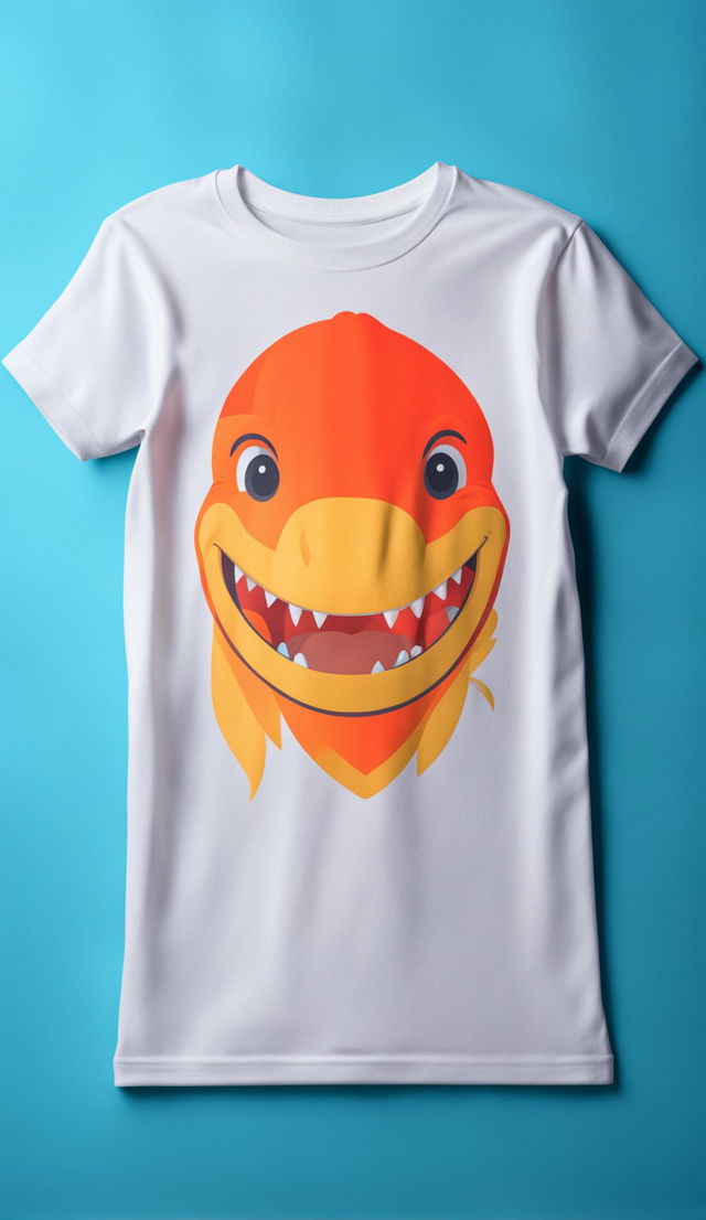 A white t-shirt with a minimalist, vibrant dinosaur logo on a clean background in an editorial product shot.