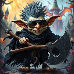 A mischievous goblin standing at three feet tall with a striking gray mohawk, wearing aviator sunglasses that add to his playful demeanor