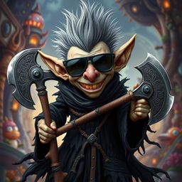 A mischievous goblin standing at three feet tall with a striking gray mohawk, wearing aviator sunglasses that add to his playful demeanor