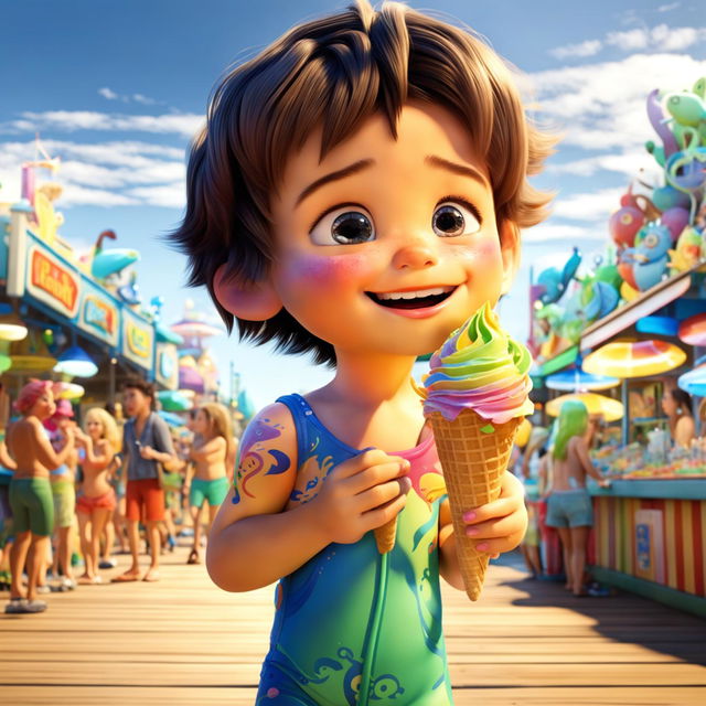 A Pixar-style animation of an adorable child joyfully eating a colorful ice cream on a bustling boardwalk by the beach.