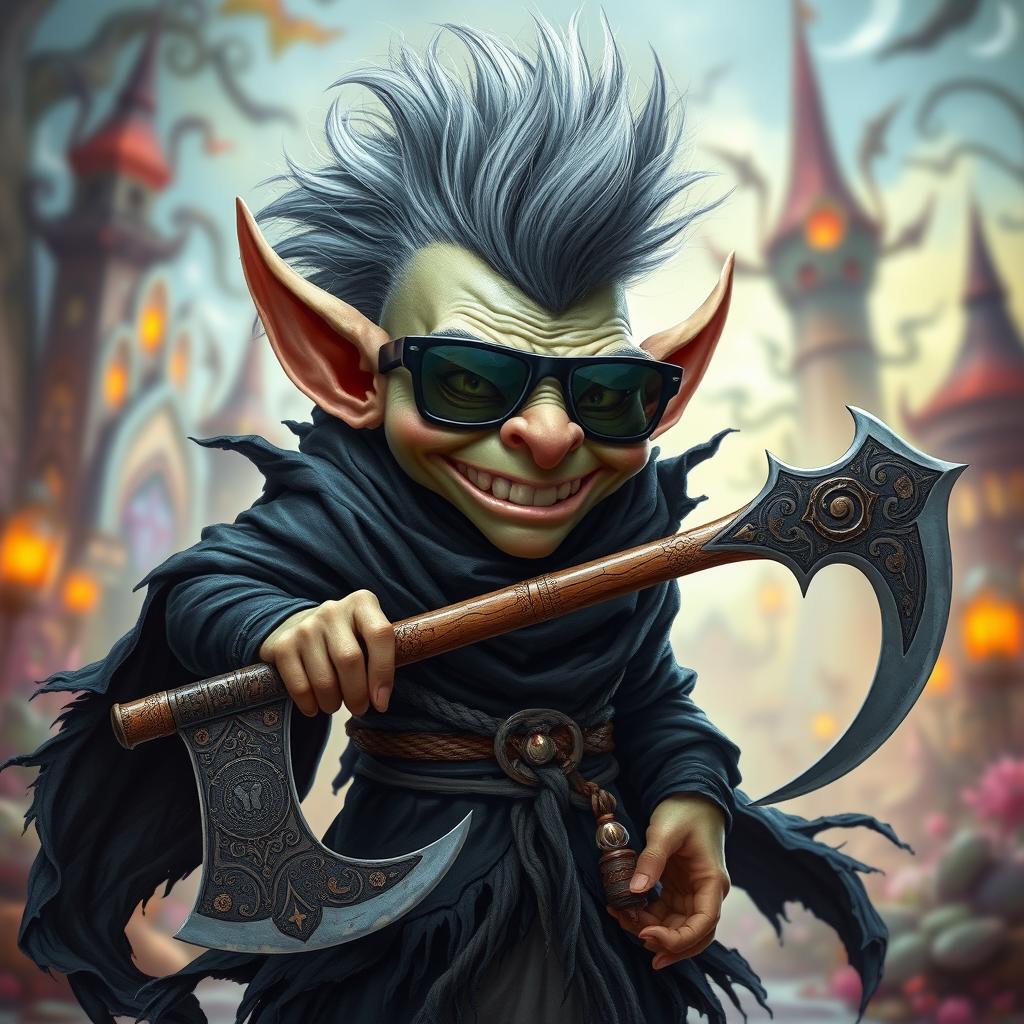 A mischievous goblin standing at three feet tall with a striking gray mohawk, wearing aviator sunglasses that add to his playful demeanor