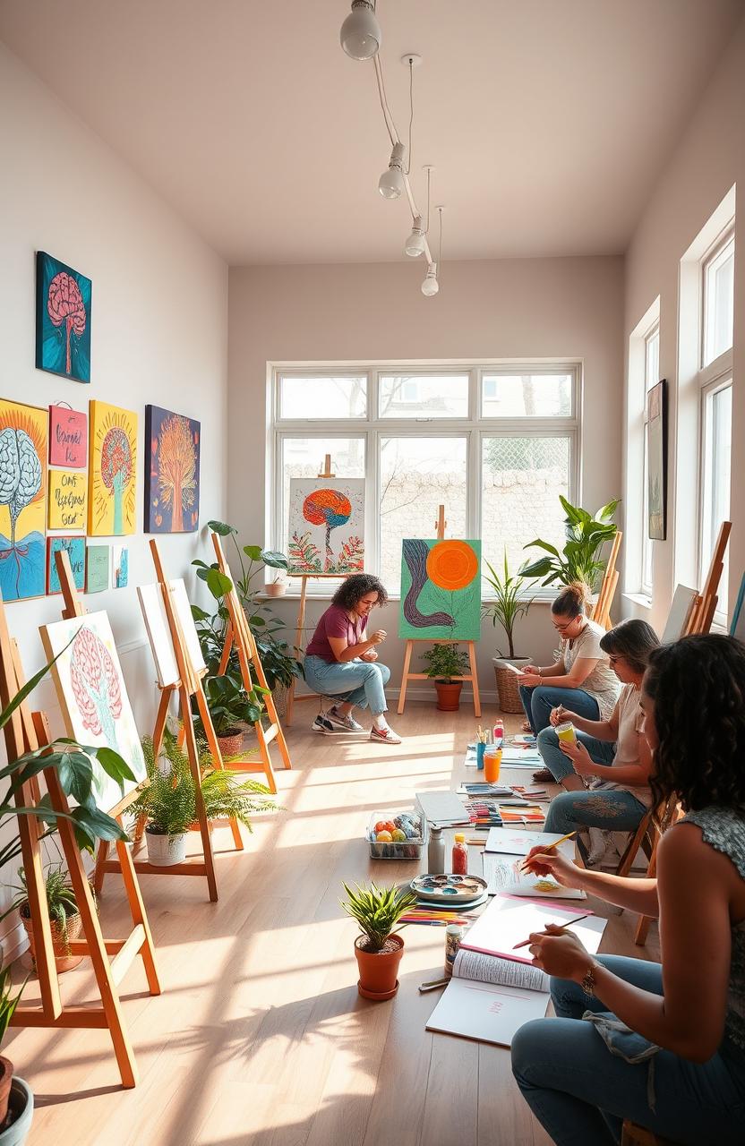 A serene and uplifting art therapy center with a cozy atmosphere, showcasing a diverse group of adults engaged in various forms of artistic expression