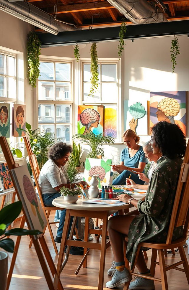 A serene and uplifting art therapy center with a cozy atmosphere, showcasing a diverse group of adults engaged in various forms of artistic expression