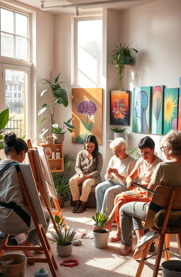 A serene and uplifting art therapy center with a cozy atmosphere, showcasing a diverse group of adults engaged in various forms of artistic expression