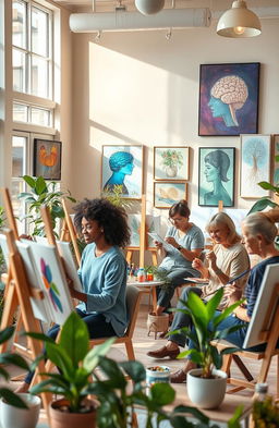 A serene and uplifting art therapy center with a cozy atmosphere, showcasing a diverse group of adults engaged in various forms of artistic expression
