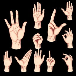 Realistic illustrations of hands in various positions, showcasing intricate details