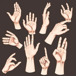 Realistic illustrations of hands in various positions, showcasing intricate details