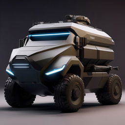 A futuristic military truck showcasing advanced technological features, robust armored design, and sleek aesthetics.