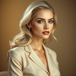 A realistic portrait of a white woman with an alluring expression, exuding confidence and sensuality