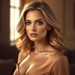 A realistic portrait of a white woman with an alluring expression, exuding confidence and sensuality