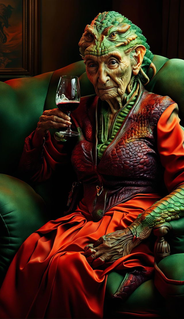 An old lady reptilian in a red dress drinking wine on her couch alone, depicted in an ultra-realistic exaggerated style.