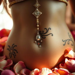 A close-up of a navel adorned with intricate henna designs, surrounded by petals, in a warm ambiance