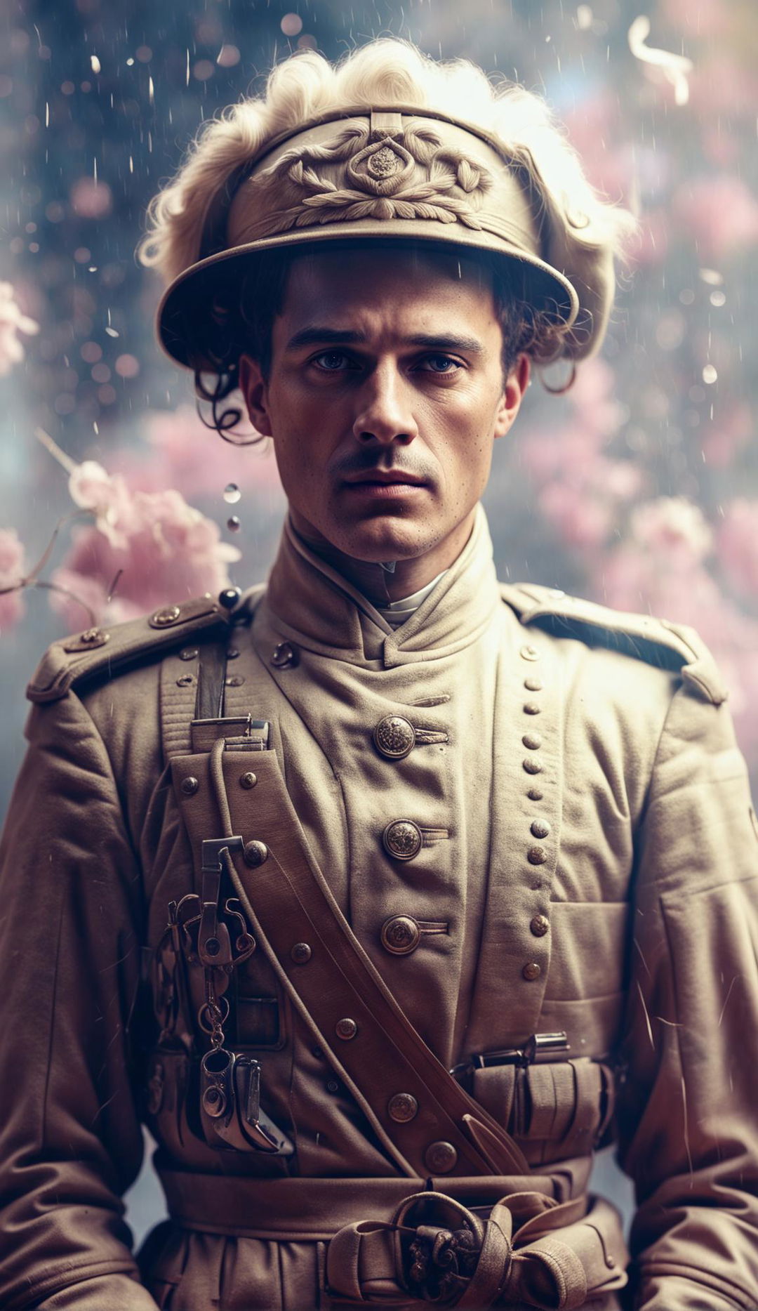 Rococo-inspired soldier portrait captured through a 200mm lens against a minimalist pastel background with particles and light rain.