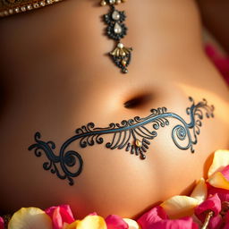 A close-up of a navel adorned with intricate henna designs, surrounded by petals, in a warm ambiance