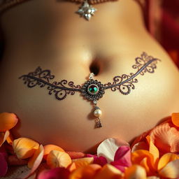 A close-up of a navel adorned with intricate henna designs, surrounded by petals, in a warm ambiance