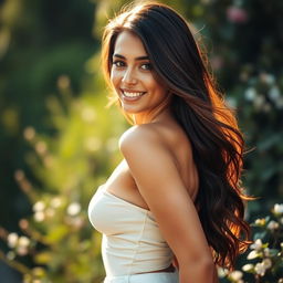 A beautiful and confident woman, standing in a soft, natural setting