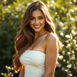 A beautiful and confident woman, standing in a soft, natural setting