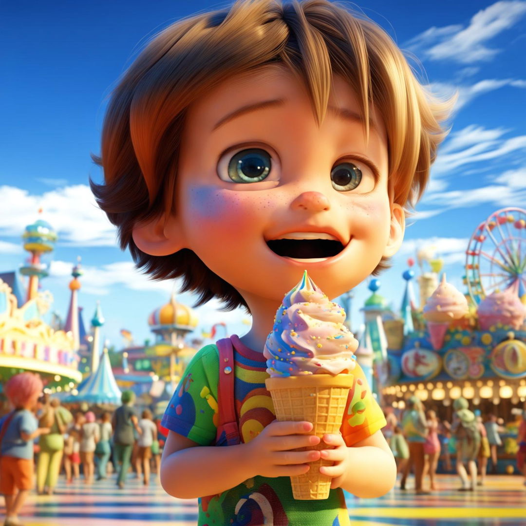 A Pixar-style animation of a charming child joyfully eating a colorful ice cream in a lively amusement park.