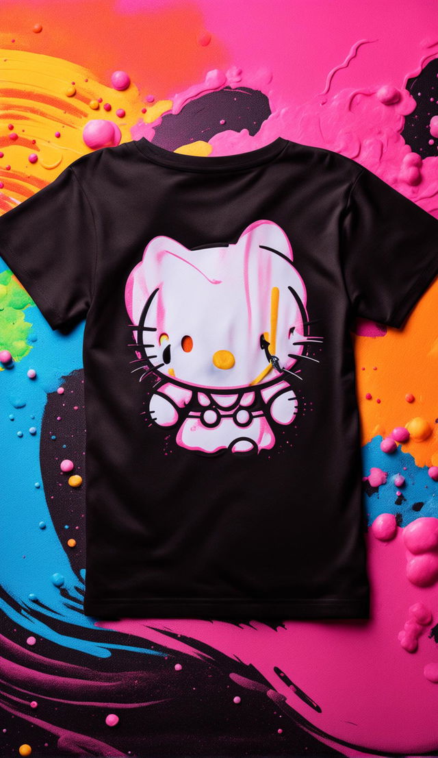 Black t-shirt with pink Hello Kitty logo on the back, set against a vibrant backdrop in a product editorial shot.