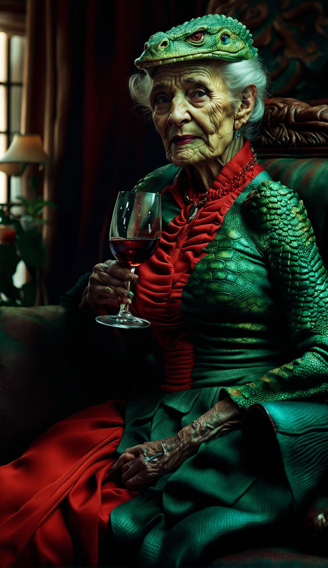 An old lady reptilian in a red dress drinking wine on her couch alone, depicted in an ultra-realistic exaggerated style. The image is shot with a Canon EOS 5DS, 85mm f/1.2 lens.