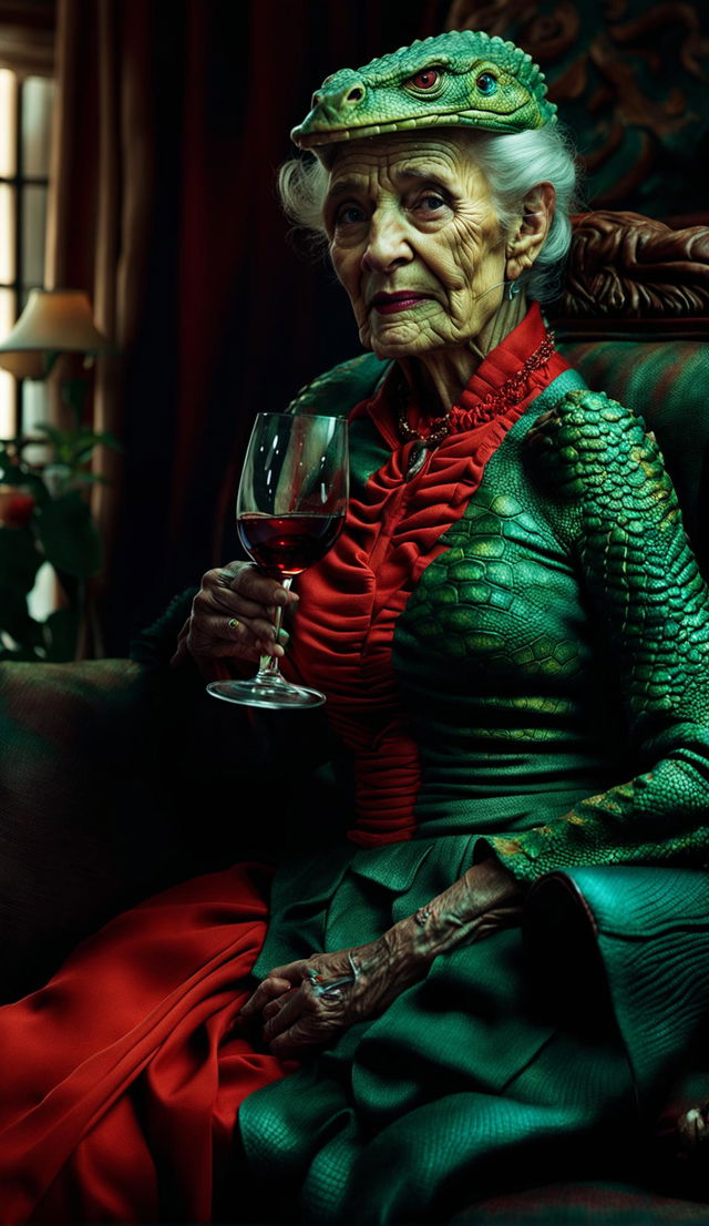 An old lady reptilian in a red dress drinking wine on her couch alone, depicted in an ultra-realistic exaggerated style. The image is shot with a Canon EOS 5DS, 85mm f/1.2 lens.