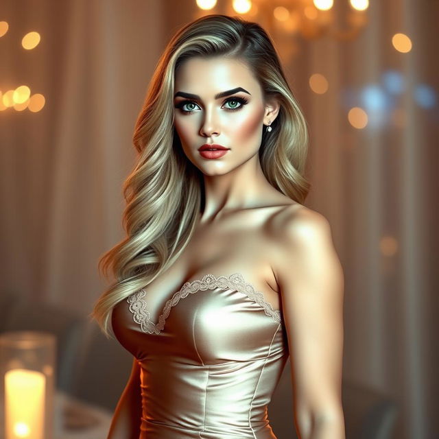 A realistic portrait of a beautiful white woman wearing a sexy, form-fitting dress that accentuates her curves