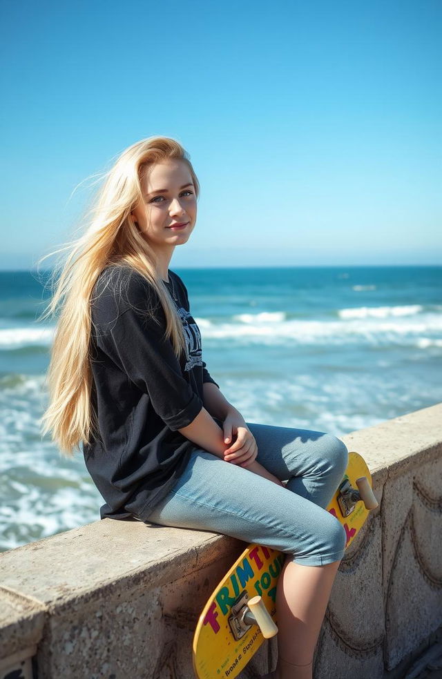 A 20-year-old girl with long platinum blond hair and bright blue eyes, sitting gracefully on a seawall