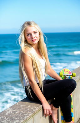 A 20-year-old girl with long platinum blond hair and bright blue eyes, sitting gracefully on a seawall