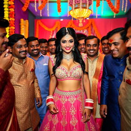 A sexy Indian bride wearing a strapless dress that showcases her figure and features bold cleavage, surrounded by excited male guests at a vibrant Indian wedding