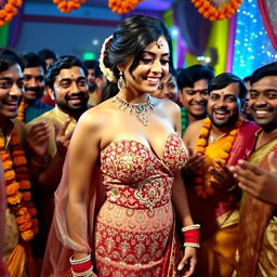A sexy Indian bride wearing a strapless dress that showcases her figure and features bold cleavage, surrounded by excited male guests at a vibrant Indian wedding
