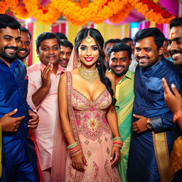 A sexy Indian bride wearing a strapless dress that showcases her figure and features bold cleavage, surrounded by excited male guests at a vibrant Indian wedding