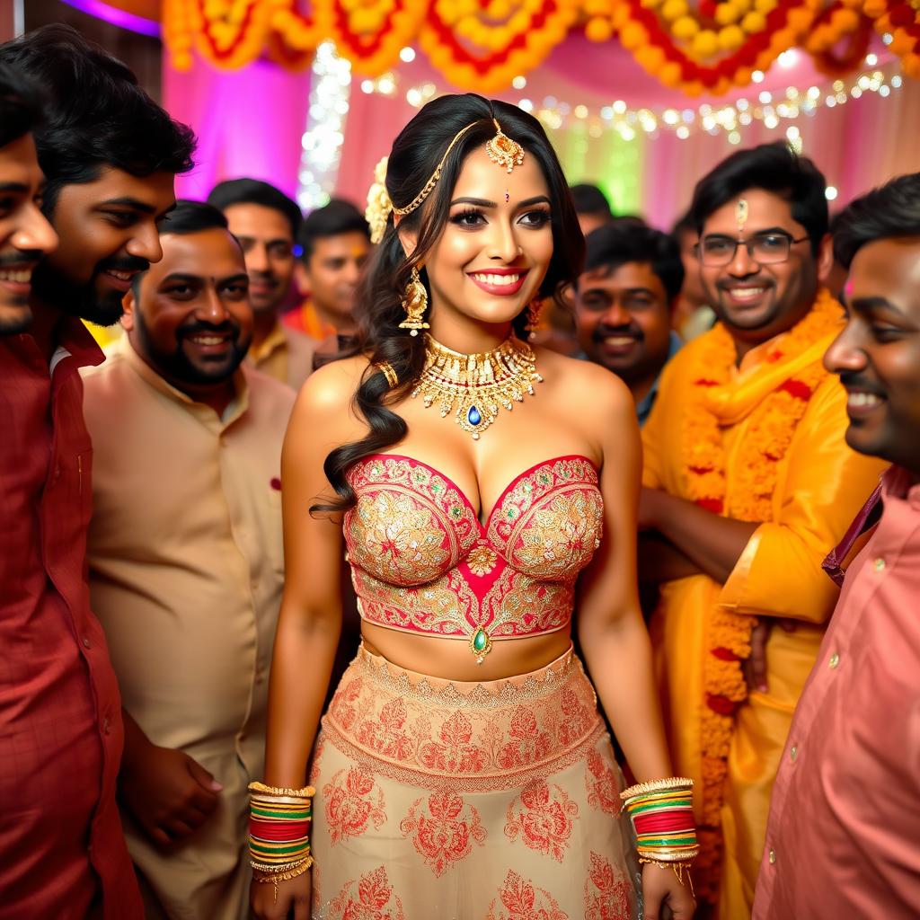 A sexy Indian bride wearing a strapless dress that showcases her figure and features bold cleavage, surrounded by excited male guests at a vibrant Indian wedding