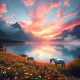 A stunning fantasy landscape with a shimmering crystal lake reflecting a vibrant sunset sky filled with pink, orange, and purple hues