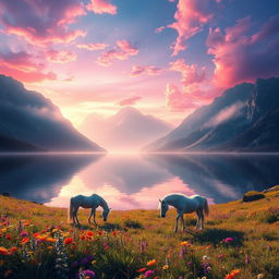 A stunning fantasy landscape with a shimmering crystal lake reflecting a vibrant sunset sky filled with pink, orange, and purple hues