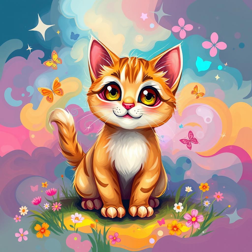 A colorful, abstract representation of a playful cat with a vibrant, dreamy background of swirling colors and shapes, incorporating elements of fantasy such as sparkling stars and gentle clouds