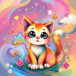 A colorful, abstract representation of a playful cat with a vibrant, dreamy background of swirling colors and shapes, incorporating elements of fantasy such as sparkling stars and gentle clouds