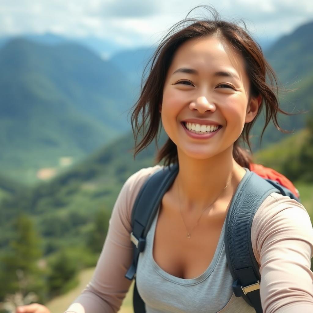 A 30-year-old Asian woman with a radiant smile, embodying happiness and vitality as she participates in sporty travel activities