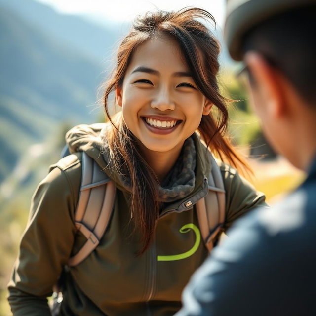 A 30-year-old Asian woman with a radiant smile, embodying happiness and vitality as she participates in sporty travel activities