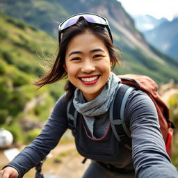 A 30-year-old Asian woman with a radiant smile, embodying happiness and vitality as she participates in sporty travel activities