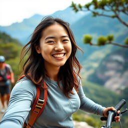 A 30-year-old Asian woman with a radiant smile, embodying happiness and vitality as she participates in sporty travel activities