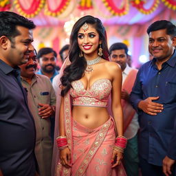A stunning Indian bride wearing a sexy strapless dress that showcases her big cleavage and highlights her sexy navel and legs