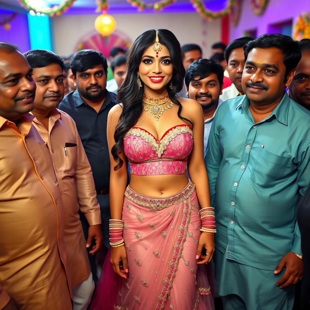 A stunning Indian bride wearing a sexy strapless dress that showcases her big cleavage and highlights her sexy navel and legs