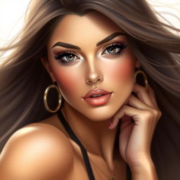 A realistic and alluring image of a beautiful woman with stunning features, wearing a stylish outfit that highlights her attributes